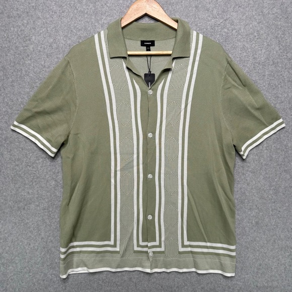 Express Mens Sage Green Geometric Knit Button Front Polo Shirt Large 03986692 - Picture 2 of 8